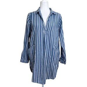 CP Shades Womens Collared Top Striped Blue Tunic Pockets Cotton Size S